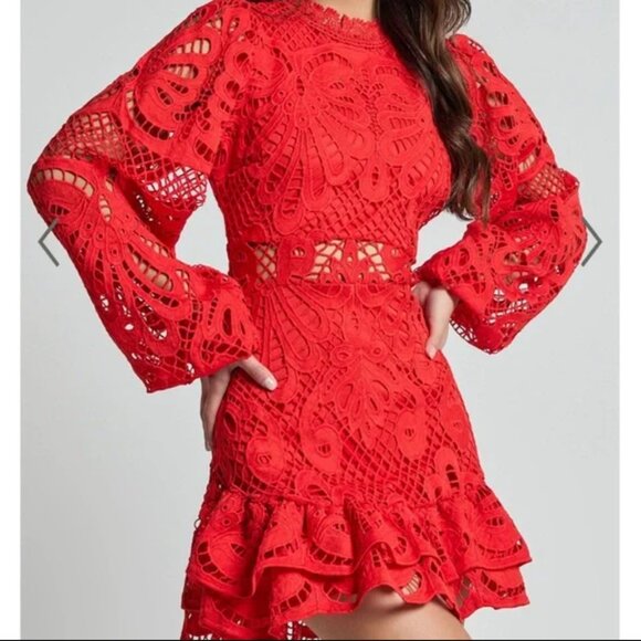 Showpoo Red Lace Mini Dress Long Sleeve Size 12 - Picture 3 of 9